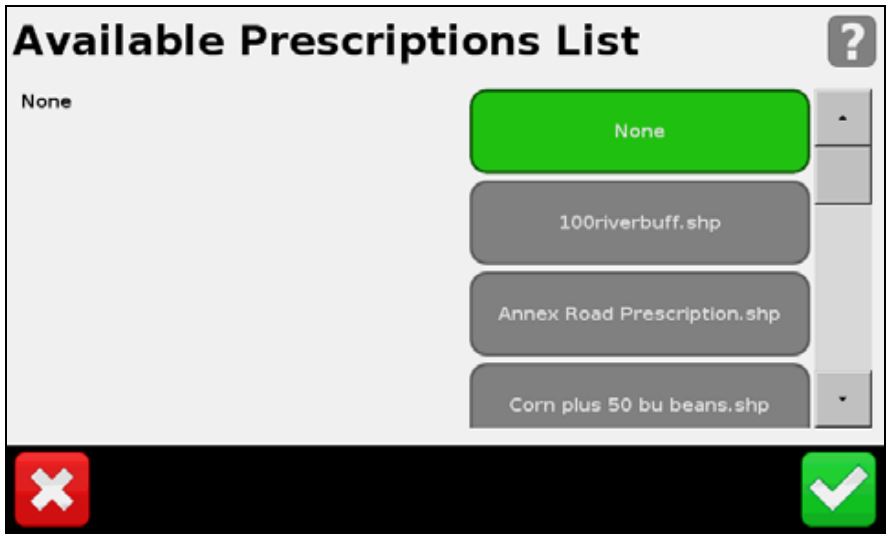 Captura de la pantalla de selección de mapas de prescripción en el terminal Trimble CFX-750.