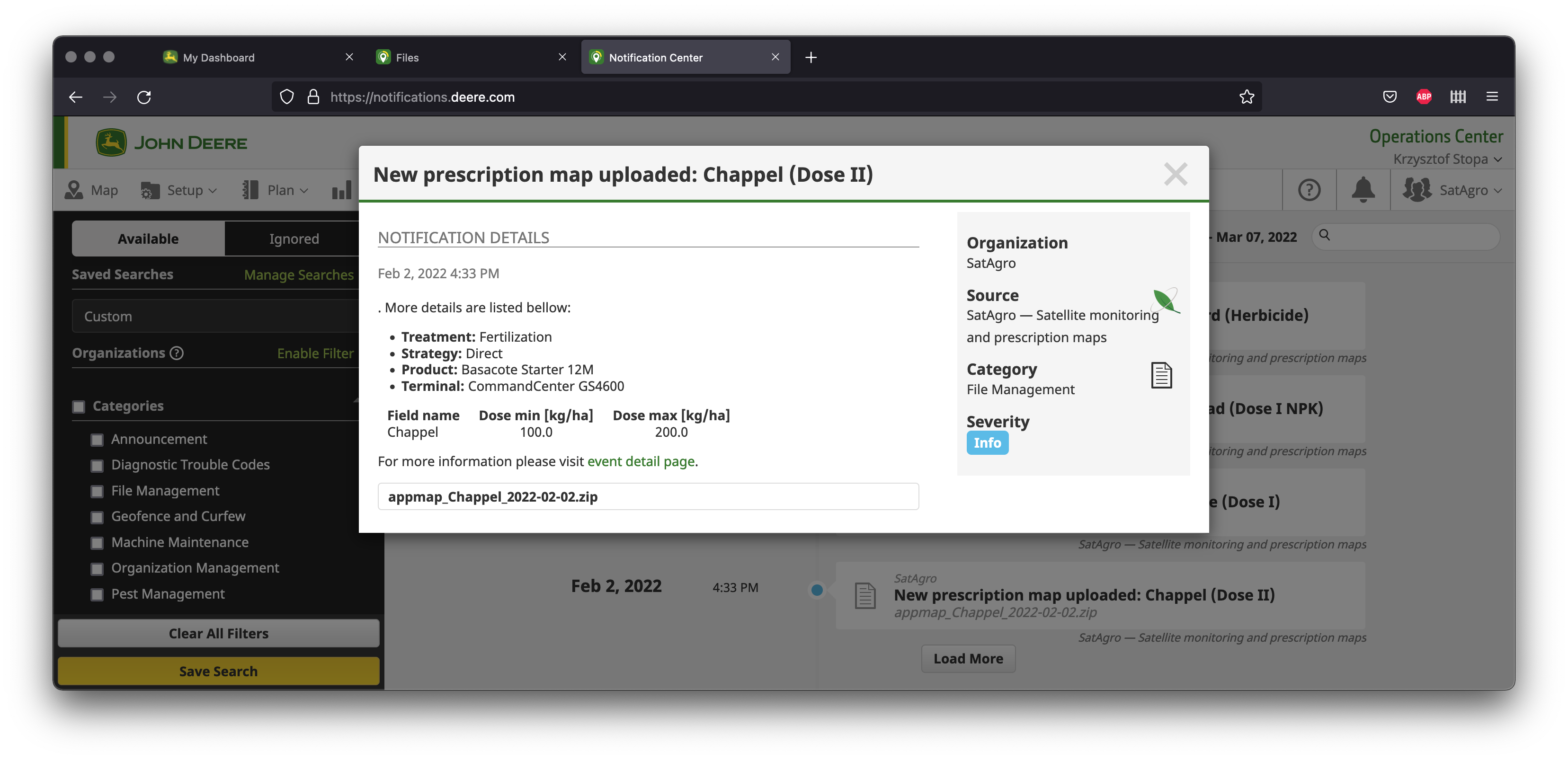 Screenshot showing the details of a notification with prescription details in the Notification Centre.