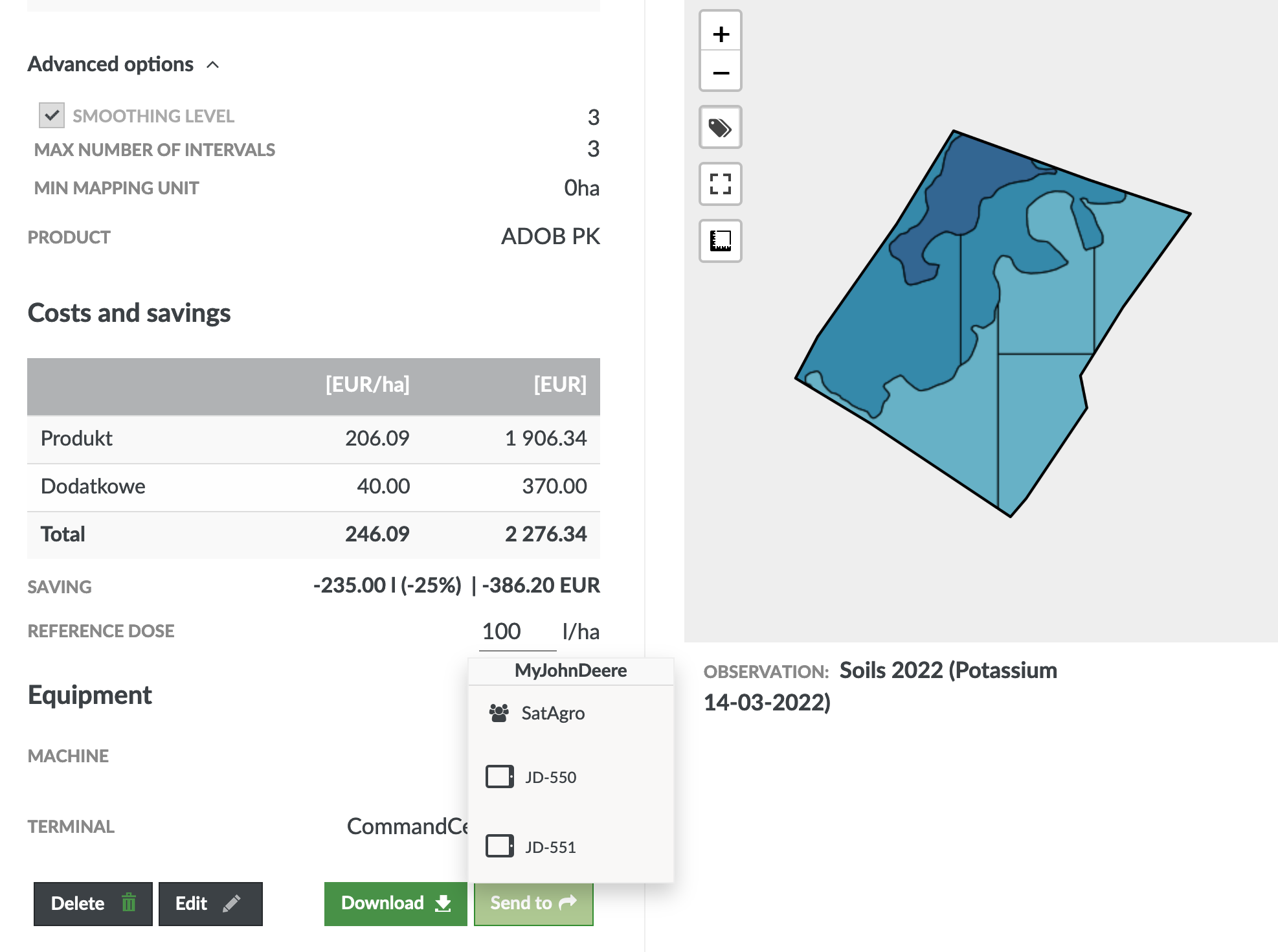 Screenshot of the SatAgro precision treatment creation module with a list of organisations and devices obtained from MJD to which it is possible to send a prescription map.