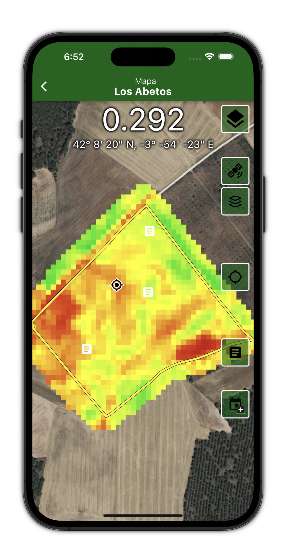 Imagen iPhone con la captura de pantalla del explorador de mapas disponible en la aplicación móvil SatAgro.