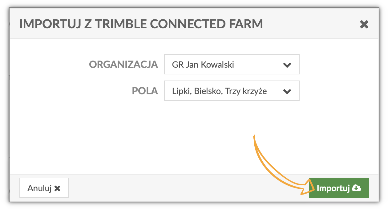 Widok narzędzia importu pola z aplikacji Trimble Connected Farm.