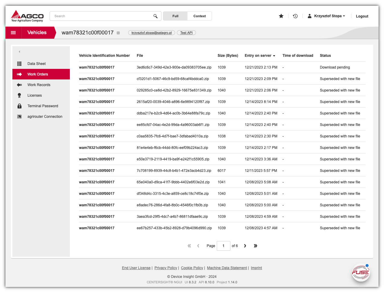 Captura de pantalla con el portal AGCO Center Sight Cloud mostrando una tabla con Órdenes de Trabajo para un vehículo seleccionado.