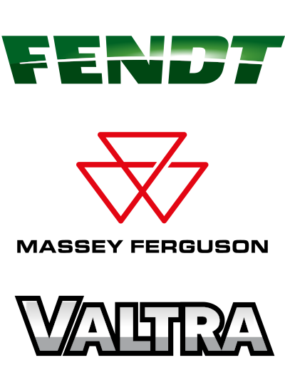 Logotipos de las marcas de maquinaria AGCO (FENDT, Massey Ferguson y Valtra).